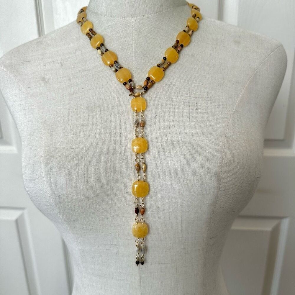 Yellow calcite tigers eye crazy lace agate Y necklace